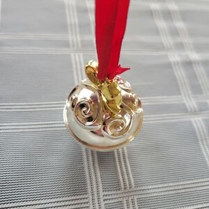 Silver Jingle Bell Ornament with Red Ribbon